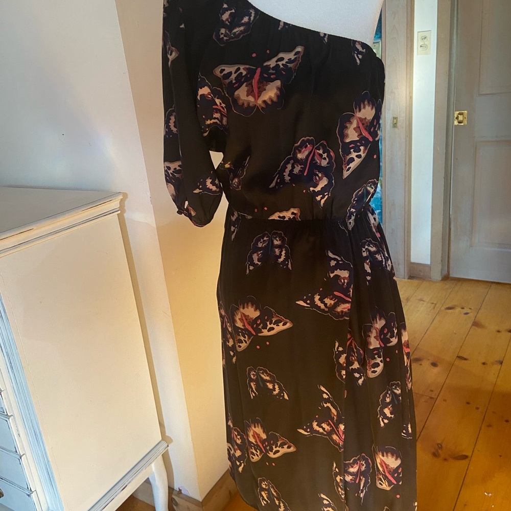 Silk EUC Tucker Black and Pink Asymmetrical One Shoulder Cocktail Dress